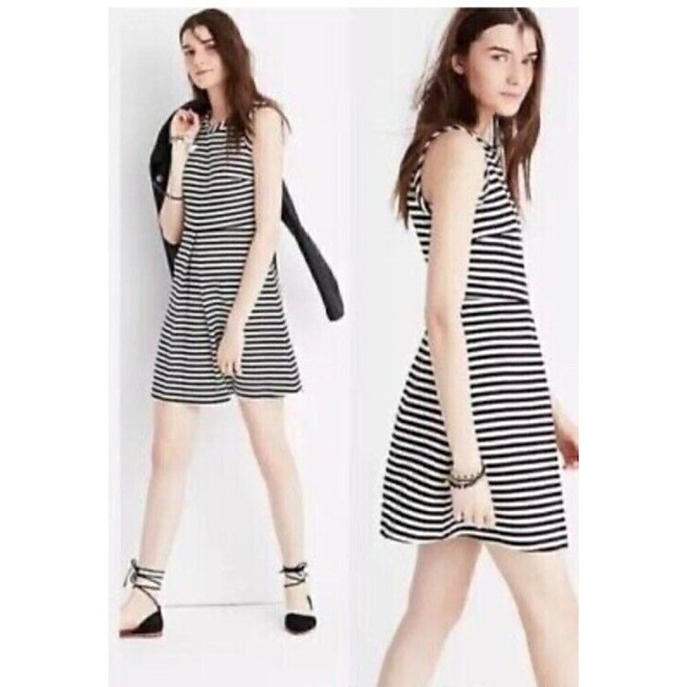 Madewell Woman's Sz XL Black & Ivory Striped Afternoon Dress Skater Dress NWT